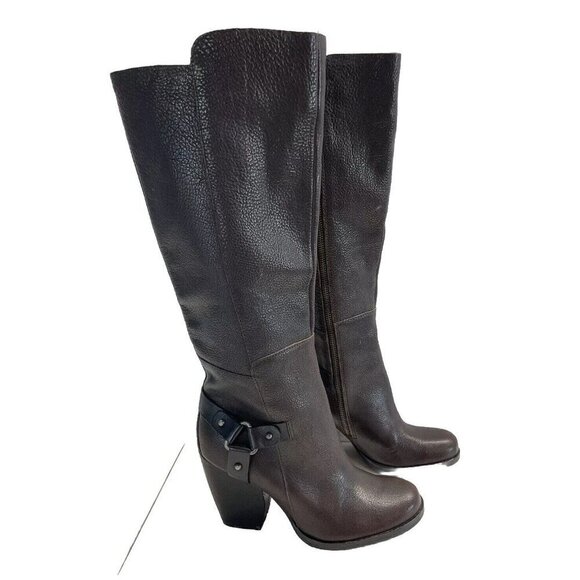 Kork-Ease Olson Heel Boots Tall dark Brown Leather harness Moto size 7 1/2 EUC - Picture 1 of 9